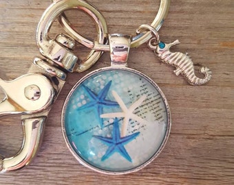 Star Fish Key Chain, Silver Sea Side Key Chain, Blue and White, Beach Lover, Sea Horse Charm, Vacation Gift, Travel Key Chain