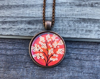 Vintage Look Spring Flowers Pendant Necklace, Vintage Necklace, Necklace Woman, Flower Necklace, Red White Flower Jewelry, Spring Necklace