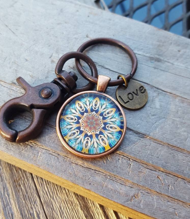 Vintage Look Aqua Design Mandala Key Chain, Mandala Key Chain, Mandala ...