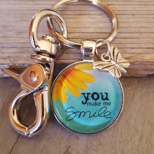 SunFlower Key Chain, You Make Me Smile Key Chain, Shiny Silver Key Chain, Flower Jewelry, Butterfly Charm, Gift for her, Spring Key Chain