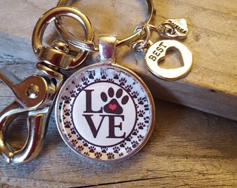 Silver toned Dog Cat Paws Key Chain, Cat Lover Keychain, Puppy Lover Key Chain, Love Charm, Silver Jewelry, Cat Jewelry, Dog Lover Key Chain