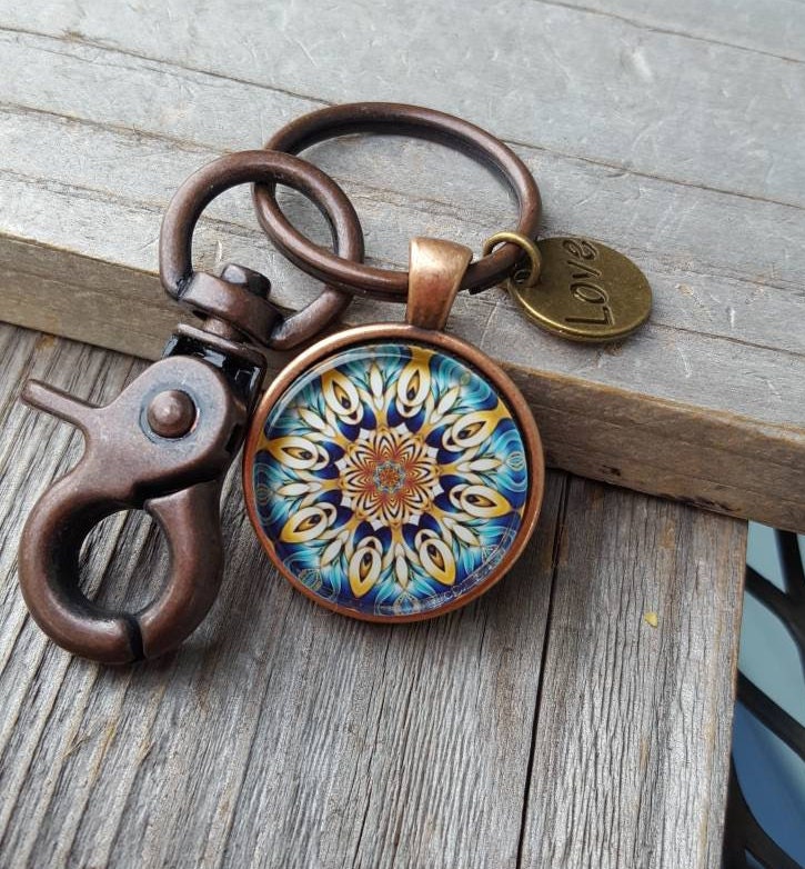 Vintage Look Aqua Design Mandala Key Chain, Mandala Key Chain, Mandala ...