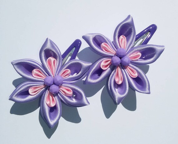 Violet And Light Pink Flower Hair Clip Kanzashi Flower 1 Etsy