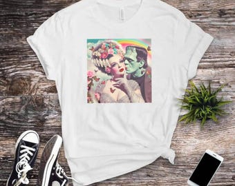 Frankenstein and Bride T-Shirt | Retro Horror Love Graphic Tee | Gothic Halloween Monster Couple Shirt