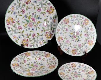 Vintage Minton Haddon Hall China – Green Rim Floral Plates, Bowls - 1960s, Made in England