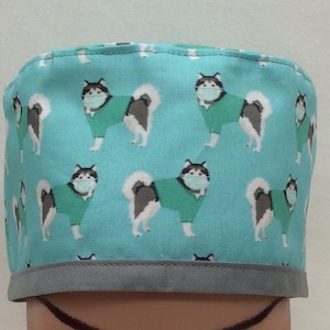 May include: A turquoise blue scrub hat with a gray trim. The hat has a repeating pattern of Alaskan Malamutes wearing surgical masks.