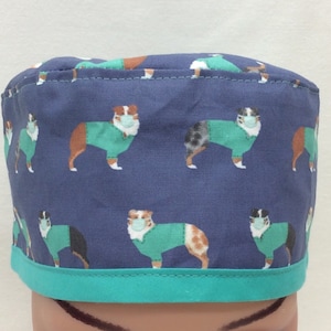 May include: A blue scrub hat with a teal trim and a repeating pattern of Australian Shepherd dogs wearing surgical masks. The dogs are wearing green scrubs.