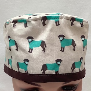 May include: A brown and white scrub hat with a repeating pattern of black dogs wearing teal blue masks. The hat has a brown trim.