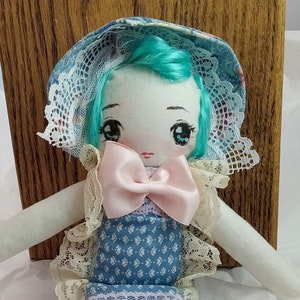 Kitsch Retro OOAK Vintage Big Eyes Bonnet Ragdoll Anime Bunka Cloth Doll Kawaii Pastel Blue Hair