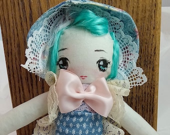 Kitsch Retro OOAK Vintage Big Eyes Bonnet Ragdoll Anime Bunka Cloth Doll Kawaii Pastel Blue Hair