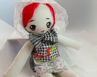 Kitsch Retro OOAK Vintage Big Eyes Bonnet Ragdoll Anime Bunka Cloth Doll Cherry Black Red Hair