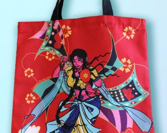 Red Boho Artistic Unique Indian Anime South Asian Diwali Designed Canvas Tote Bag