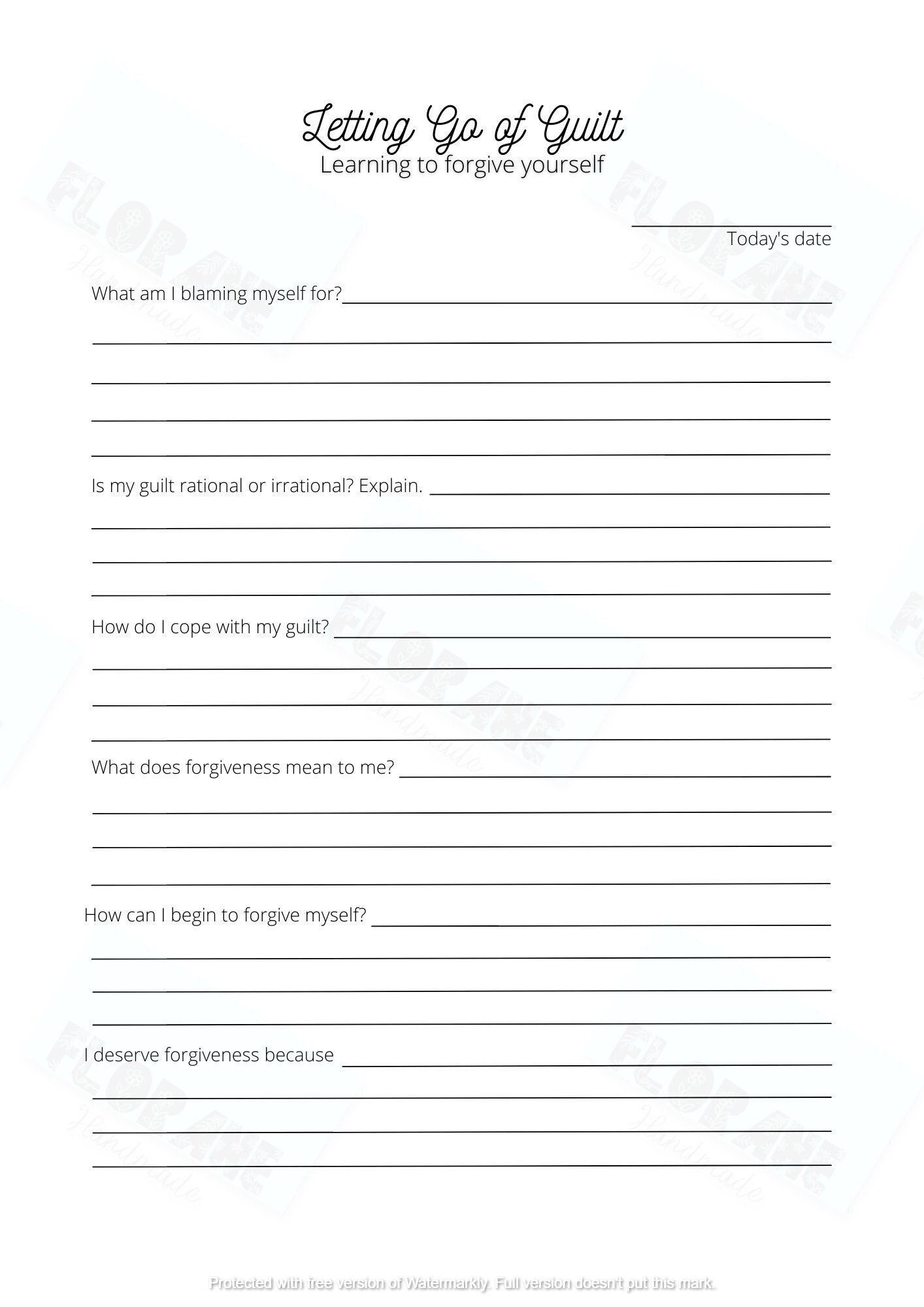 letting go of guilt forgiveness worksheet printable etsy