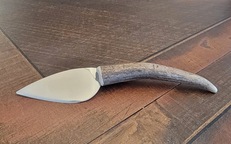 Op de afbeelding: Een kaasmes met een gepolijst, zilverkleurig lemmet en een handvat van een getextureerd, bruin gewei. Het mes heeft een gebogen lemmet en is ontworpen voor het snijden van zachte kazen. Het mes is ongeveer 18 cm lang.