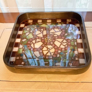 Wooden Square Flower Mosaic Serving Tray