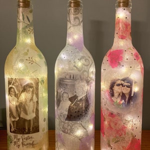 Custom Made Decoupage Lighted Wine Bottle with Your Favorite Photo Applied, Unique Gift for Family or Friends, or Memorial Keepsake