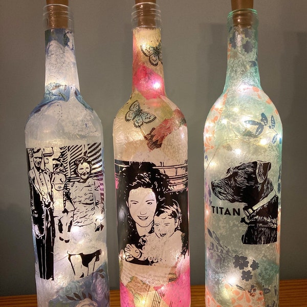 Custom Decoupage Bottle with Lights and Decorated With Your Favorite Photo Cut and Applied,  Unique Gift, Wedding Gift, Memorial Keepsake