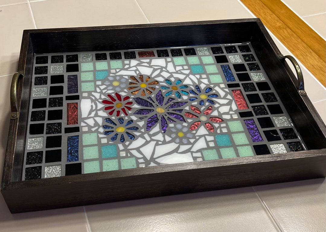 Mosaic Serving Tray With Flowers Etsy