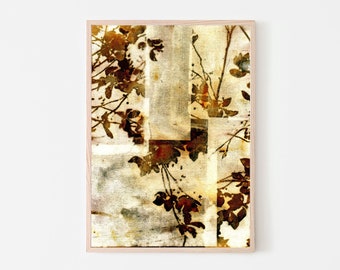May include: Abstract art print with a collage of floral elements in brown, beige, and cream. The artwork is framed in a light wood frame, creating a warm aesthetic. The design incorporates botanical imagery, suitable for home decor.
