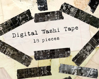 Digital Washi Tape, Dark and Moody Japan Printable Washi StripsJunk Journal Digital Planner Clip Art Collage Sheet