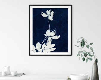 Blue Floral Minimalist Cyanotype Botanical Printable Wall Art, Flower Digital Download, Modern Botanical