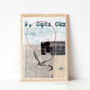 May include: A framed collage with a red circle, a black and white bird, and the text "9. Saqu Okr 20".