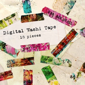 Cyfrowa taśma washi, paski washi do druku, kwiaty hawajskie, kolorowy grunge junk journal digital planner, arkusz kolażu pocztowych ephemera