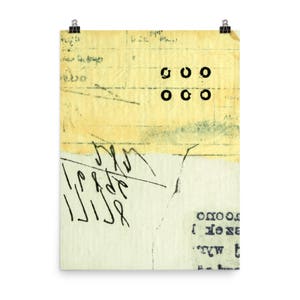 May include: A yellowed, textured paper with black ink markings. The paper has a torn edge and is layered over another piece of paper. The top layer of paper has a series of black circles arranged in two rows of three. The bottom layer of paper has black ink markings that appear to be handwritten.