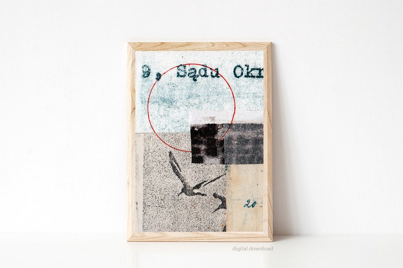 May include: A framed collage with a red circle, a black and white bird, and the text "9. Saqu Okr 20".