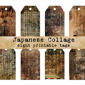 May include: Eight printable tags with a Japanese collage design. The tags are brown with a distressed look and feature Japanese characters and stamps.
