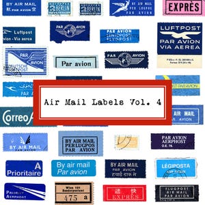 Luchtpostetiketten vol 4 afdrukbare vintage post kortstondige ongewenste dagboek collage blad kieskeurige bezuinigingen reizen souvenir internationale verzendkosten