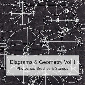 May include: Black background with white geometric diagrams and text. The text reads "Diagrams & Geometry Vol 1 Photoshop Brushes & Stamps". The image features circles, lines, and other geometric shapes, suggesting a technical or scientific theme.