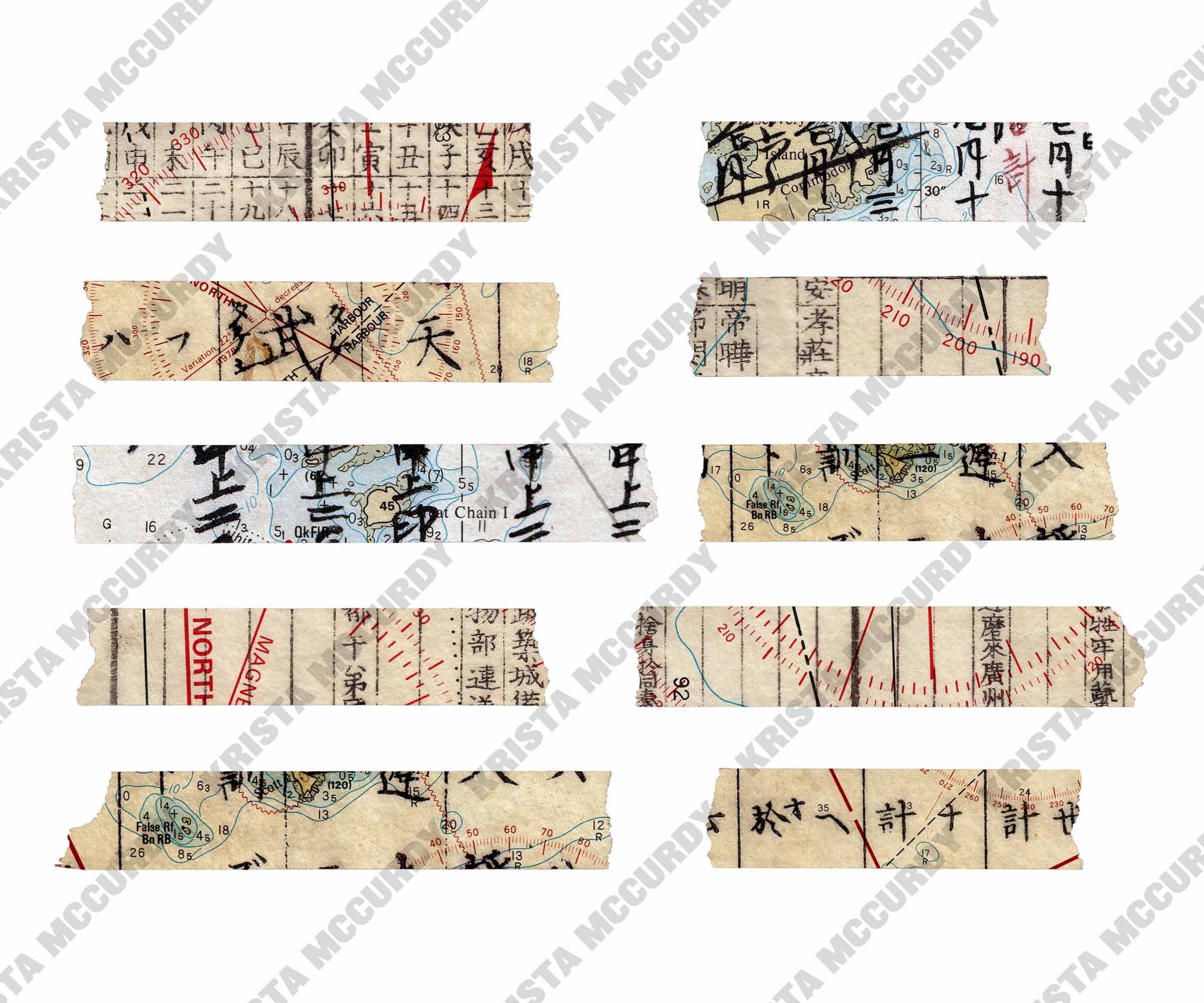 Digital Washi Tape, Printable Washi Strips, JAPANESE MAPS, Grunge Junk ...