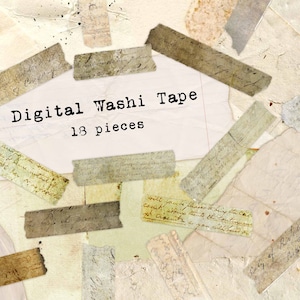 May include: A collection of 18 digital washi tape designs. The tapes feature a vintage aesthetic with faded text and textures.