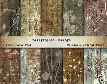 Printable Collage Sheets CALLIGRAPHIC COLLAGE Scrapbook Paper, Asian Clip Art, Junk Journal Pages, Digital Grunge, Postal Ephemera