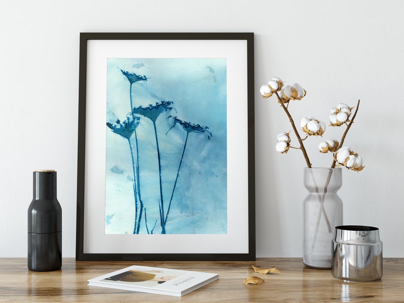 Cyanotype Print Botanical Wall Art, Blue Queen Anne Flower Bouquet, Wet Cyanotype Fine Art Print image 2