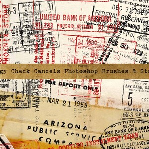 May include: A collection of vintage-style grunge check cancel stamps and brushes. The stamps are in various colors, including red, black, and blue, and feature text such as "Federal Reserve Bank", "United Bank of Arizona", and "For Deposit Only".