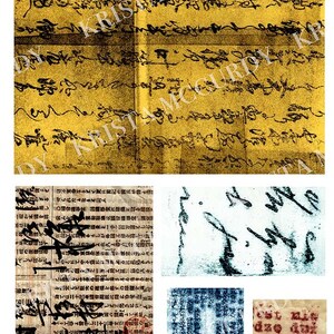 May include: A collage of four images featuring old, faded, and worn paper documents with handwritten text in black ink. The top image is a yellowed piece of paper with black ink writing. The second image is a close-up of a page of text with black ink writing. The third image is a close-up of a page of text with black ink writing. The fourth image is a close-up of a page of text with black ink writing.