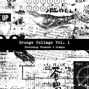May include: A black and white grunge collage with the text "Grunge Collage Vol. 1 Photoshop Brushes & Stamps". The collage features various textures, including newspaper clippings, maps, and stamps.