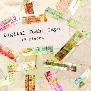 Digitales Washi Tape, druckbare Washi-Streifen, Schichten und Buchstaben, Grunge Junk Journal Digitaler Planer, Post Ephemera Collage Sheet