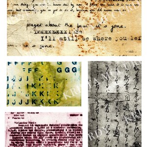 May include: A collage of four images. The top image is a close-up of a piece of paper with handwritten text. The text reads: "...get about the fact it's gone. I'll still be where you left gone."
