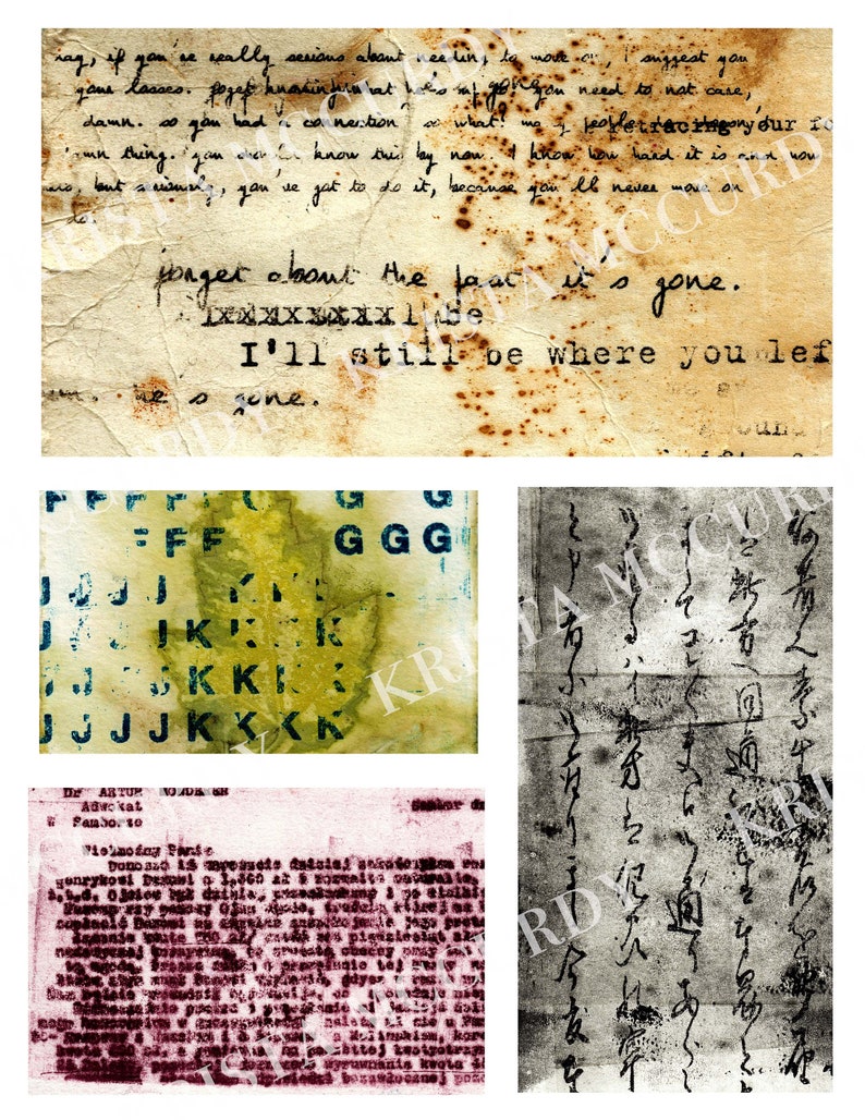 May include: A collage of four images. The top image is a close-up of a piece of paper with handwritten text. The text reads: "...get about the fact it's gone. I'll still be where you left gone."