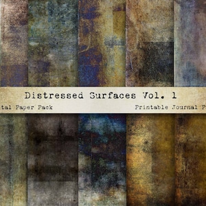 Peut inclure: Un pack de papier numérique avec 12 textures vieillies dans des tons de brun, bleu et vert. Le pack est intitulé "Distressed Surfaces Vol. 1" et est décrit comme "Pages de journal imprimables".