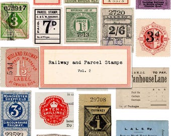 Sellos antiguos de paquetes ferroviarios: Collage de diario basura (descarga digital)