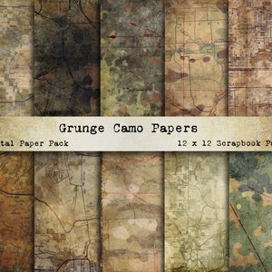 Papier de scrapbooking imprimable, camouflage grunge, pack de papier numérique, pages de journal indésirable, feuilles de collage, modèles militaires masculins