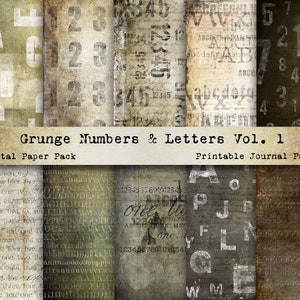 Digital Paper Pack Grunge Numbers and Letters VOL. 1 Printable Junk Journal Pages Scrapbook Paper, Collage Sheets Neutrals Art Journal