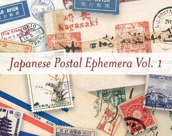May include: A collection of vintage Japanese postage stamps featuring various designs, including a flower, a pagoda, and a mountain. The stamps are in various colors, including red, blue, green, and white. The stamps are arranged in a collage-like fashion on a piece of paper with the text "Japanese Postal Ephemera Vol. 1" printed across the top.