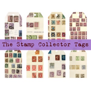 Afdrukbare Collage Efemere Tags De Stamp Collector Vintage Postal Grunge Junk Journal Voeg toe aan filatelie Scrapbooking