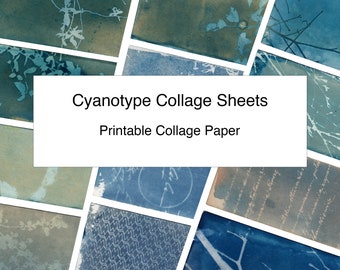 May include: Cyanotype Collage Sheets, Printable Collage Paper. A collage of blue and white cyanotype prints with various patterns and designs.