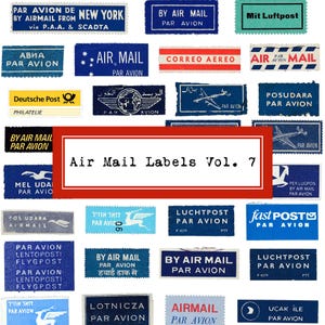 Puede incluir: Una colección de etiquetas de correo aéreo vintage en varias formas y tamaños. Las etiquetas presentan texto en varios idiomas, incluyendo "Air Mail", "Par Avion" y "By Air Mail". La etiqueta central dice "Air Mail Labels Vol. 7".